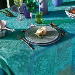 Nappe sur mesure pur coton motif jacquard vert Mille rameaux emeraude