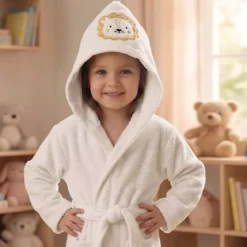 Peignoir enfant enfant pur coton 420 g/m² brodé jaune beige Petit lion angora