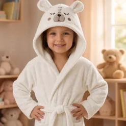 Peignoir enfant enfant pur coton 420 g/m² brodé beige marron Petit ours angora