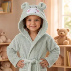 Peignoir enfant enfant pur coton 420 g/m² brodé vert Petit hippo vert d'eau