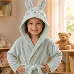Peignoir enfant enfant pur coton 420 g/m² brodé vert Petit lapin vert d'eau