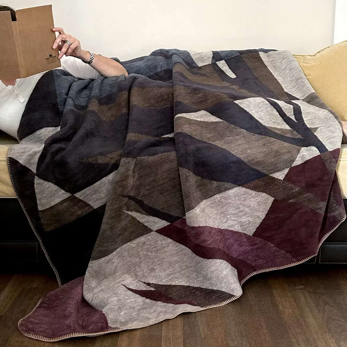 Plaid coton mélangé 470 g/m² motif jacquard multicolore Marius lie de vin
