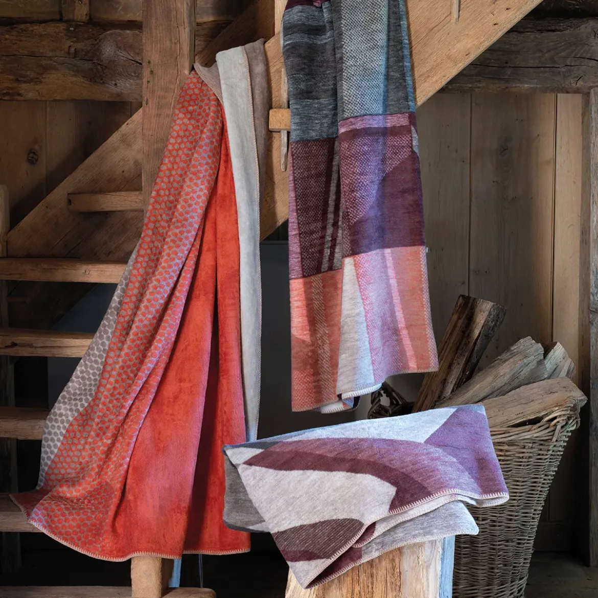 Plaid coton mélangé 470 g/m² motif jacquard multicolore Marius lie de vin