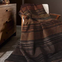 Plaid coton mélangé 415 g/m² motif jacquard noir orange Bambous ocre