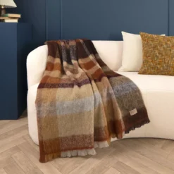 Plaid laine & autres fibres 200 g/m² motif jacquard bordeaux brun Mohaira ecossais sienne