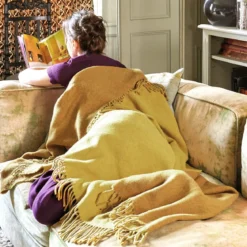 Plaid laine & autres fibres uni jaune marron Duetto mordore
