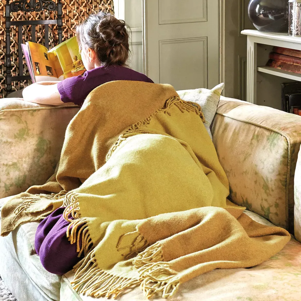 Plaid laine & autres fibres uni jaune marron Duetto mordore