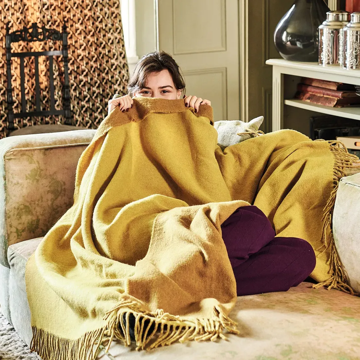 Plaid laine & autres fibres uni jaune marron Duetto mordore