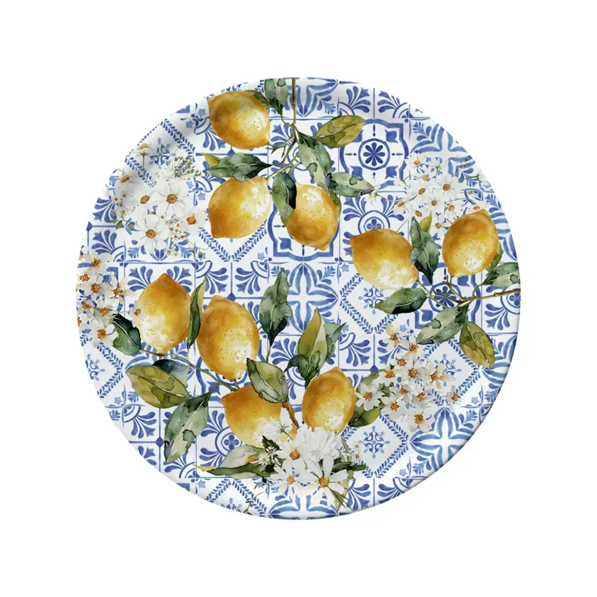 Plateau bois imprimé jaune vert Citrons azulejos bleu
