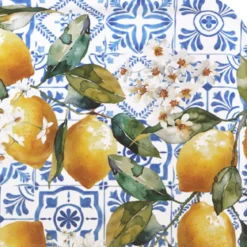 Plateau bois imprimé jaune vert Citrons azulejos bleu