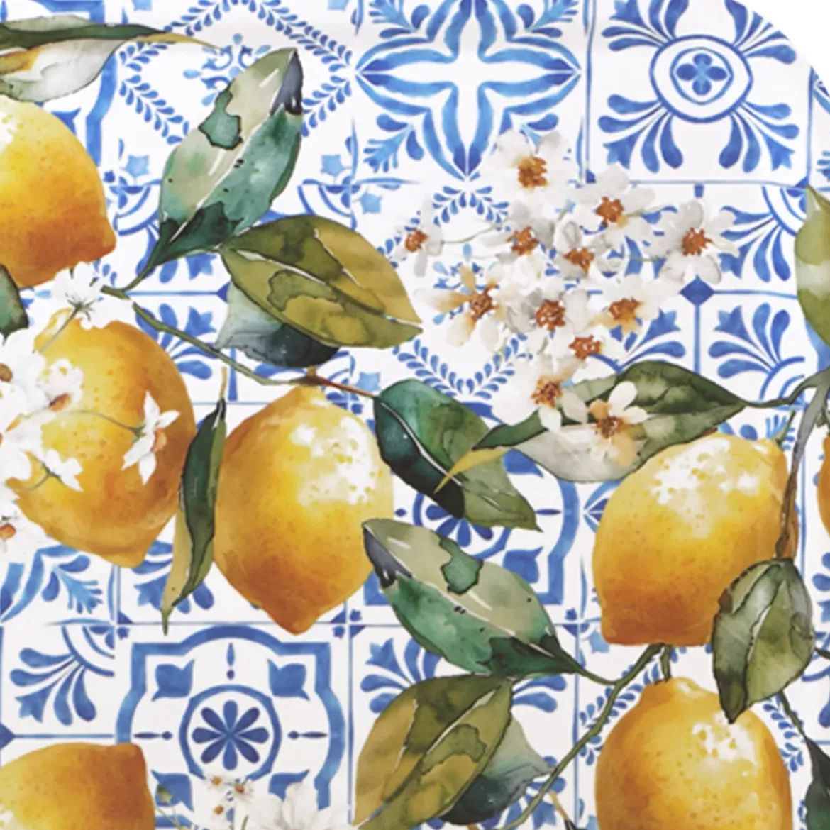 Plateau bois imprimé jaune vert Citrons azulejos bleu