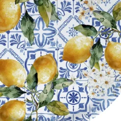 Plateau bois imprimé jaune vert Citrons azulejos bleu