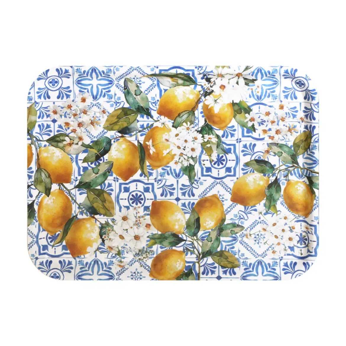 Plateau bois imprimé jaune vert Citrons azulejos bleu