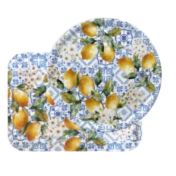Plateau bois imprimé jaune vert Citrons azulejos bleu