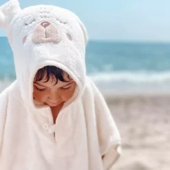 Poncho enfant pur coton 420 g/m² brodé beige Petit ours angora