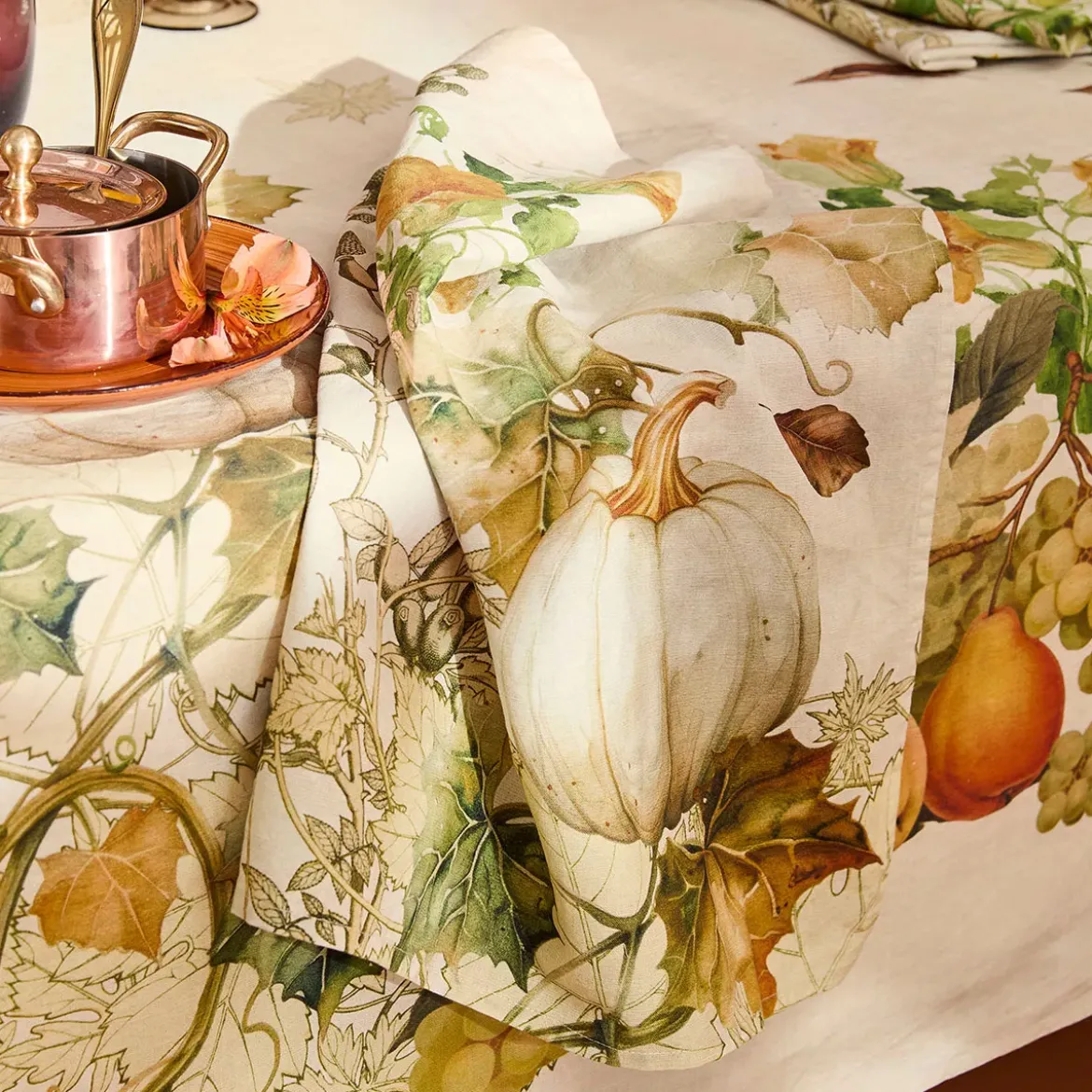 Serviette lin & coton lavé 190 g/m² imprimé beige orange Delices d'automne potiron