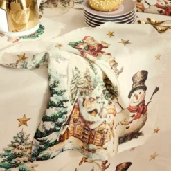 Serviette lin & coton lavé 150 g/m² imprimé vert rouge Bonhommes de neige vintage