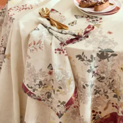 Serviette lin & coton lavé 150 g/m² imprimé beige bordeaux Vintage flowers cranberry