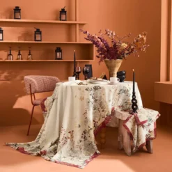 Serviette lin & coton lavé 150 g/m² imprimé beige bordeaux Vintage flowers cranberry