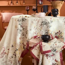 Serviette lin & coton lavé 150 g/m² imprimé beige bordeaux Vintage flowers cranberry