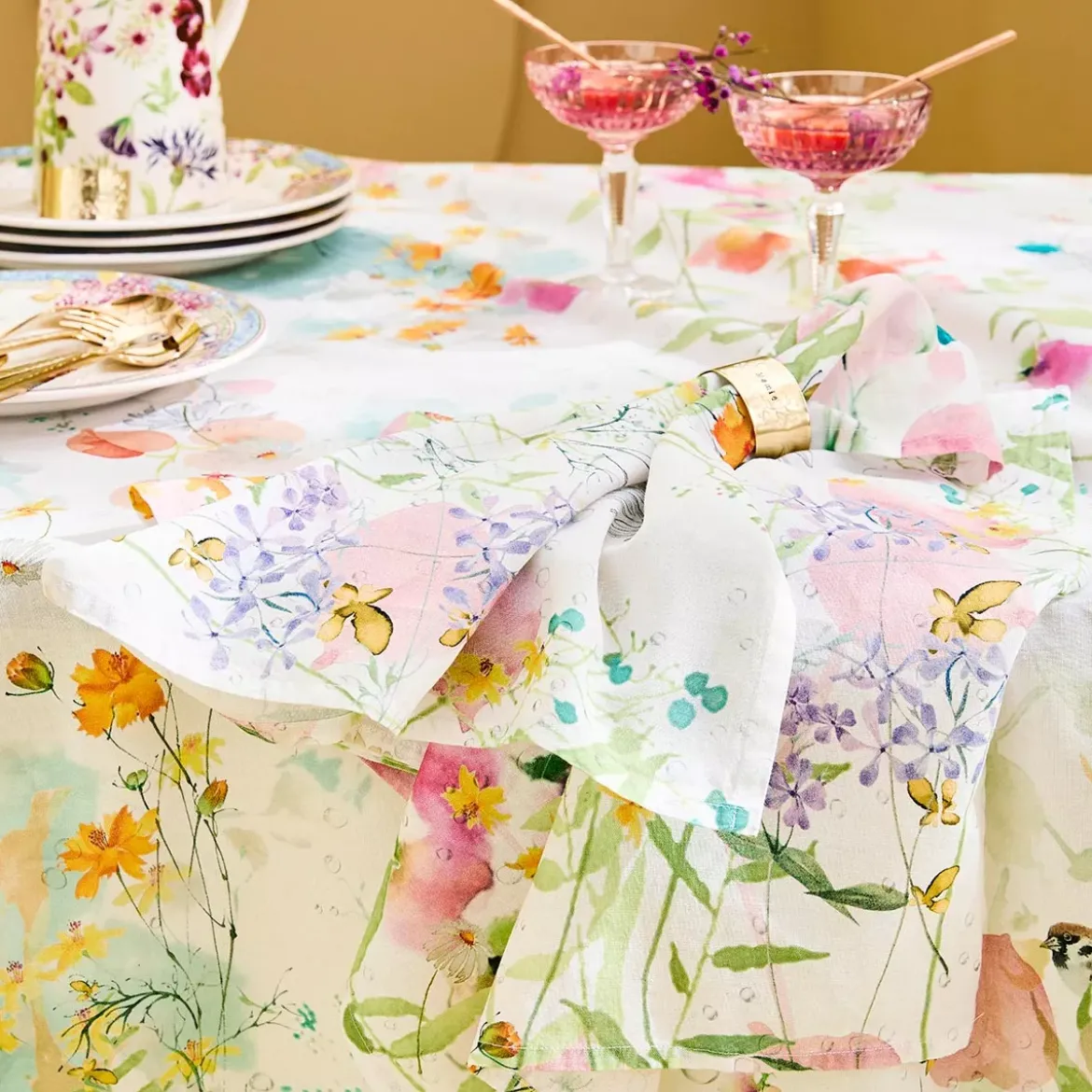 Serviette lin & coton lavé 150 g/m² imprimé rose vert Rosee du matin printemps