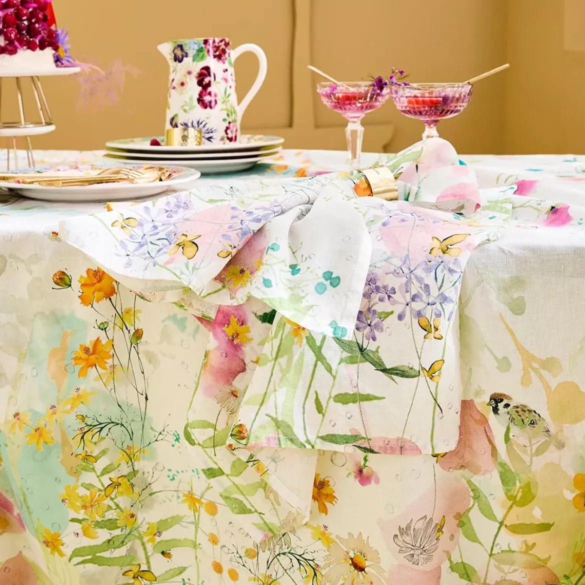 Serviette lin & coton lavé 150 g/m² imprimé rose vert Rosee du matin printemps