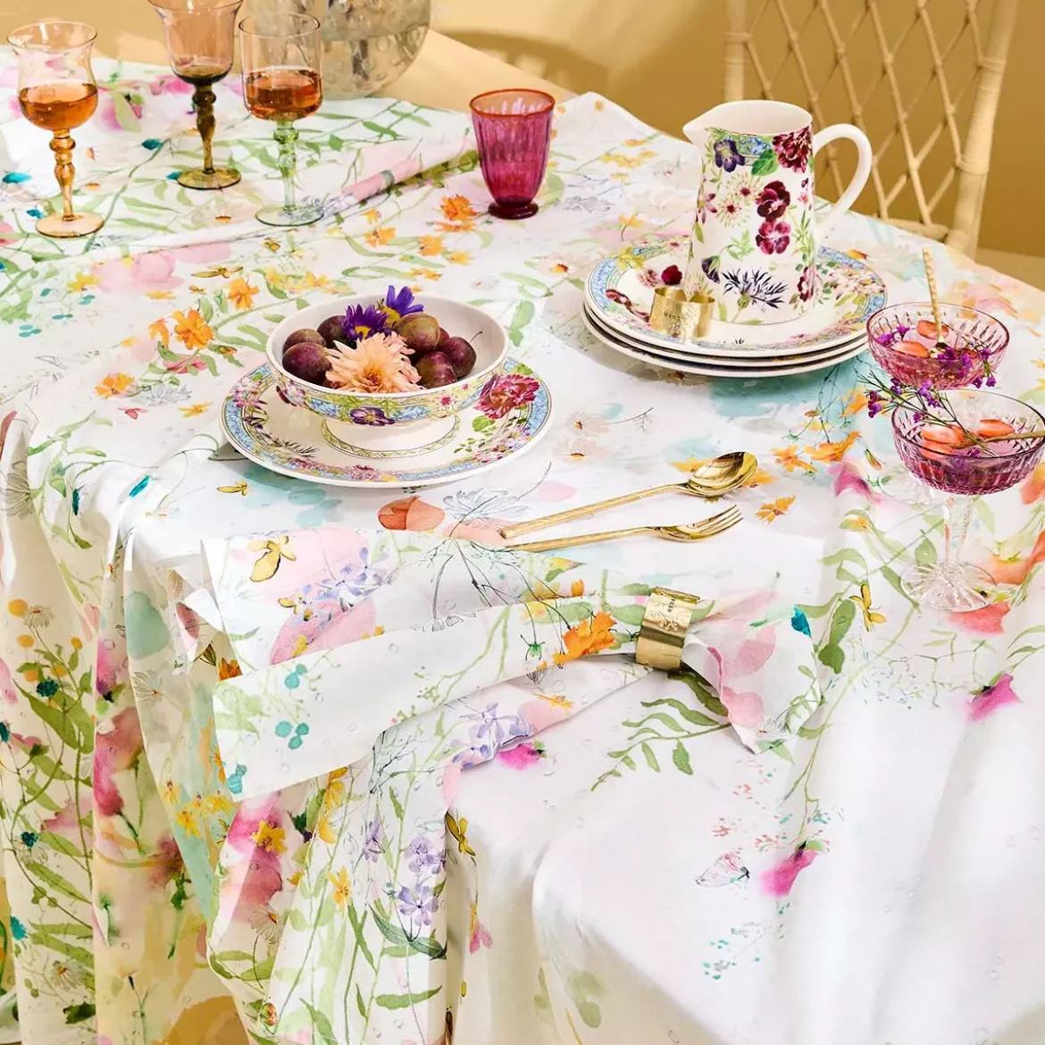 Serviette lin & coton lavé 150 g/m² imprimé rose vert Rosee du matin printemps