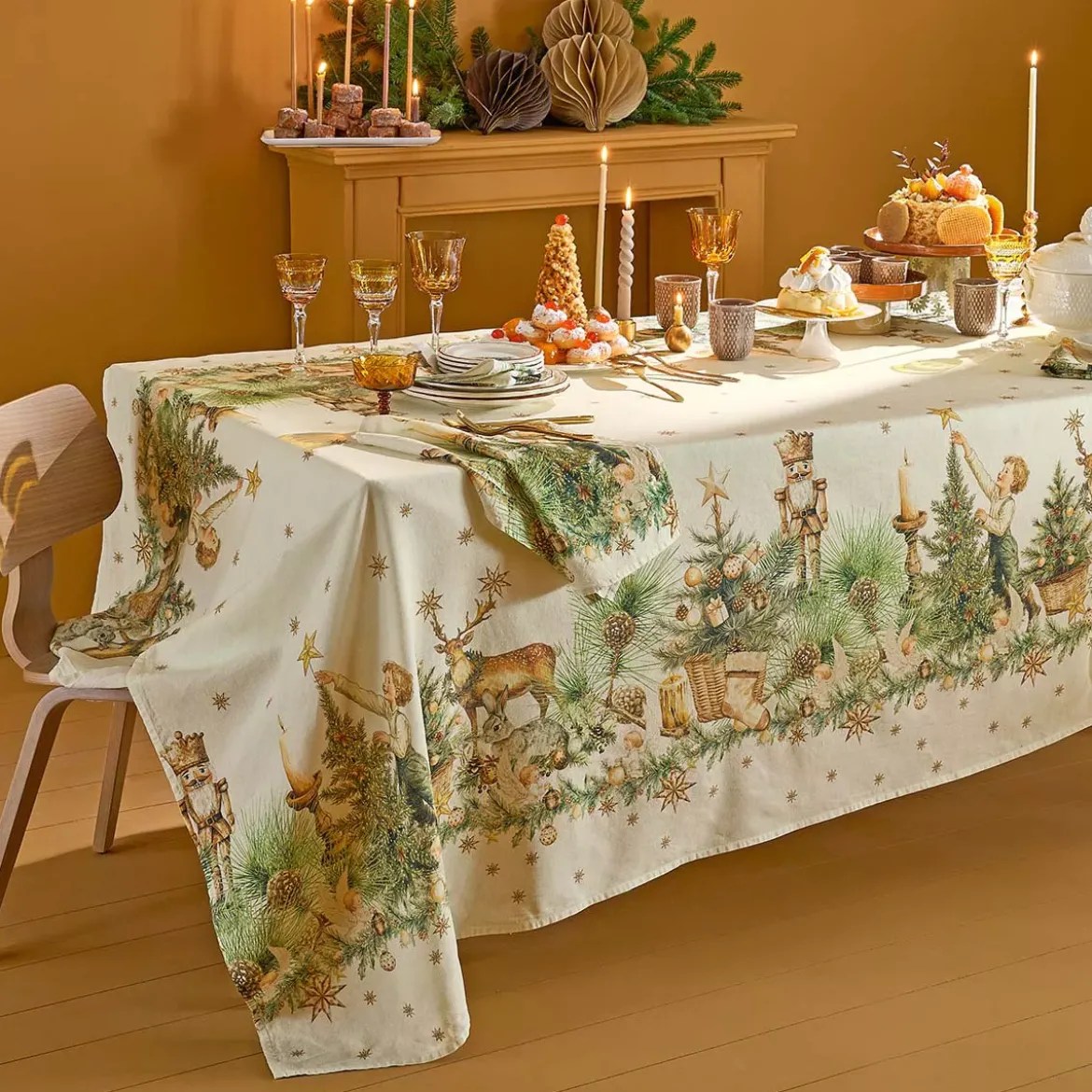 Serviette lin & coton lavé 150 g/m² imprimé beige vert Noel vintage dore