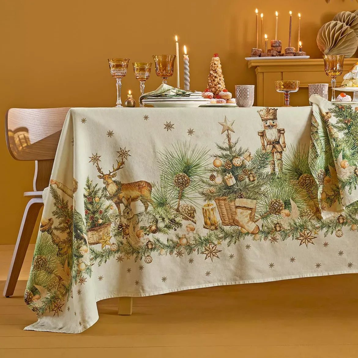 Serviette lin & coton lavé 150 g/m² imprimé beige vert Noel vintage dore