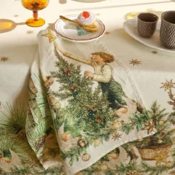 Serviette lin & coton lavé 150 g/m² imprimé beige vert Noel vintage dore