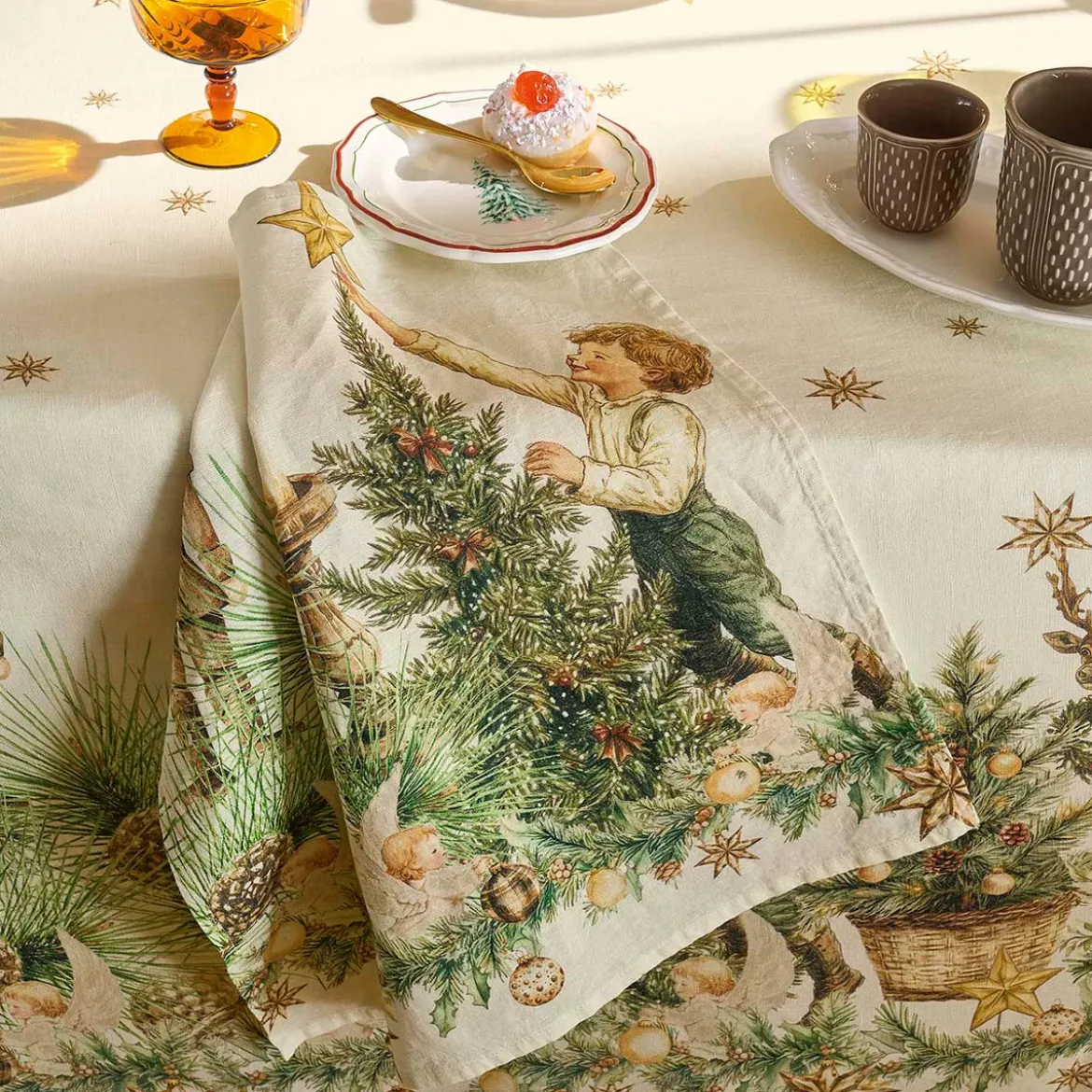 Serviette lin & coton lavé 150 g/m² imprimé beige vert Noel vintage dore
