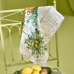 Serviette lin & coton lavé 190 g/m² imprimé vert marron Jardin provencal olive