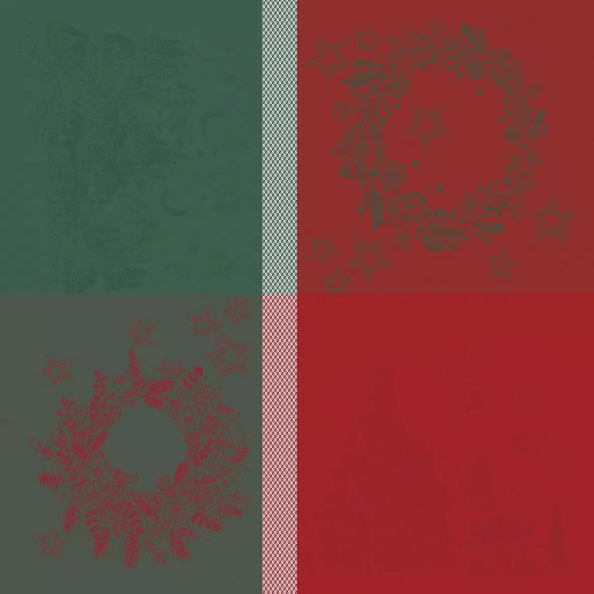 Serviette pur coton 220 g/m² motif jacquard vert rouge Noel magique houx