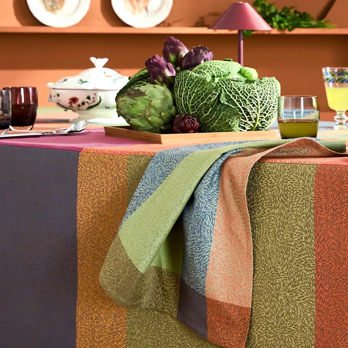 Serviette pur coton 220 g/m² motif jacquard vert orange Mille baies shetland