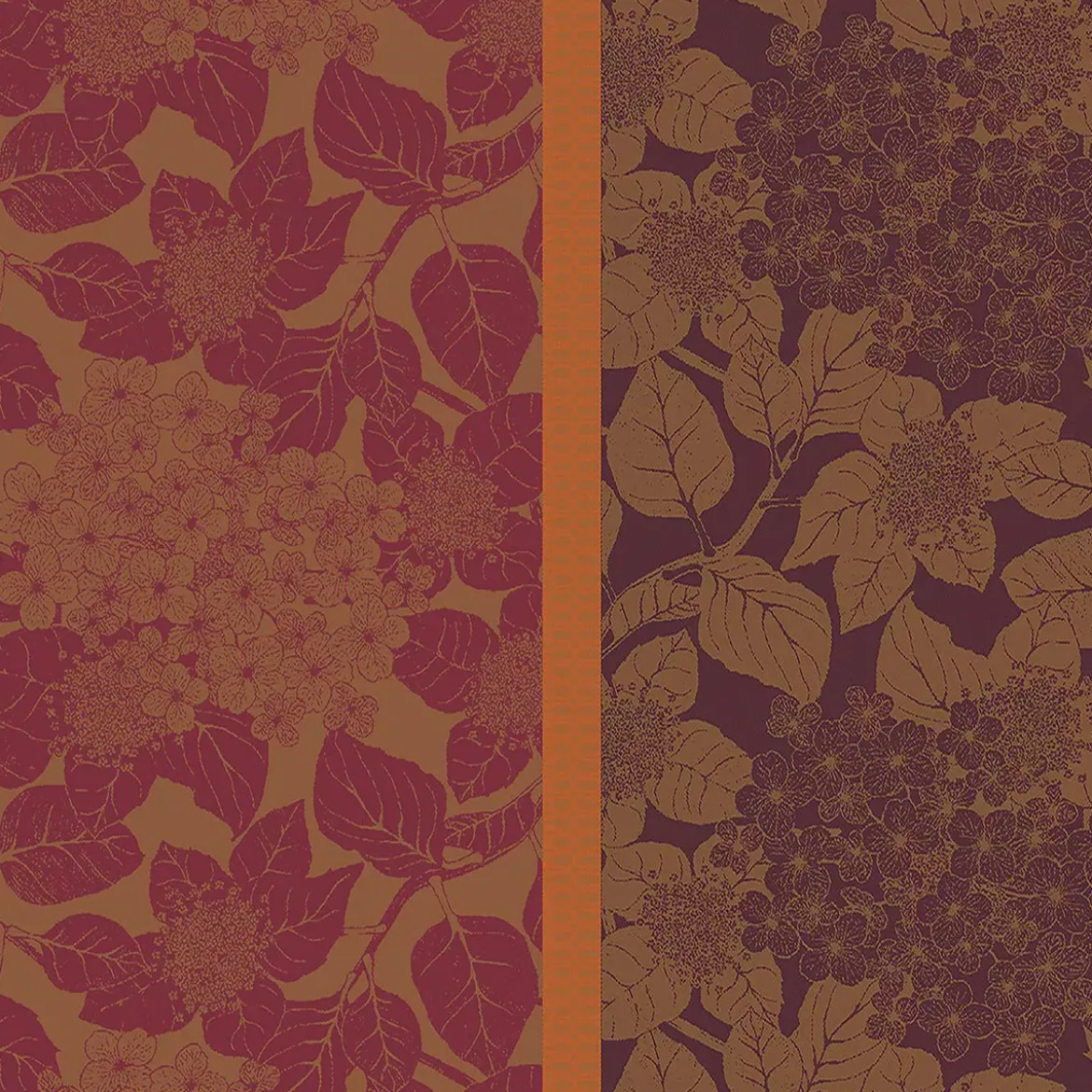 Serviette pur coton motif jacquard bordeaux orange Hortensias rouille