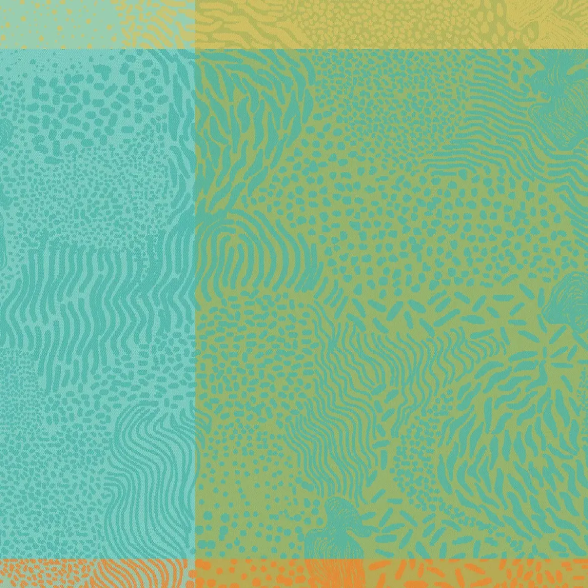 Serviette pur coton motif jacquard bleu jaune orange Mille vagues exotique