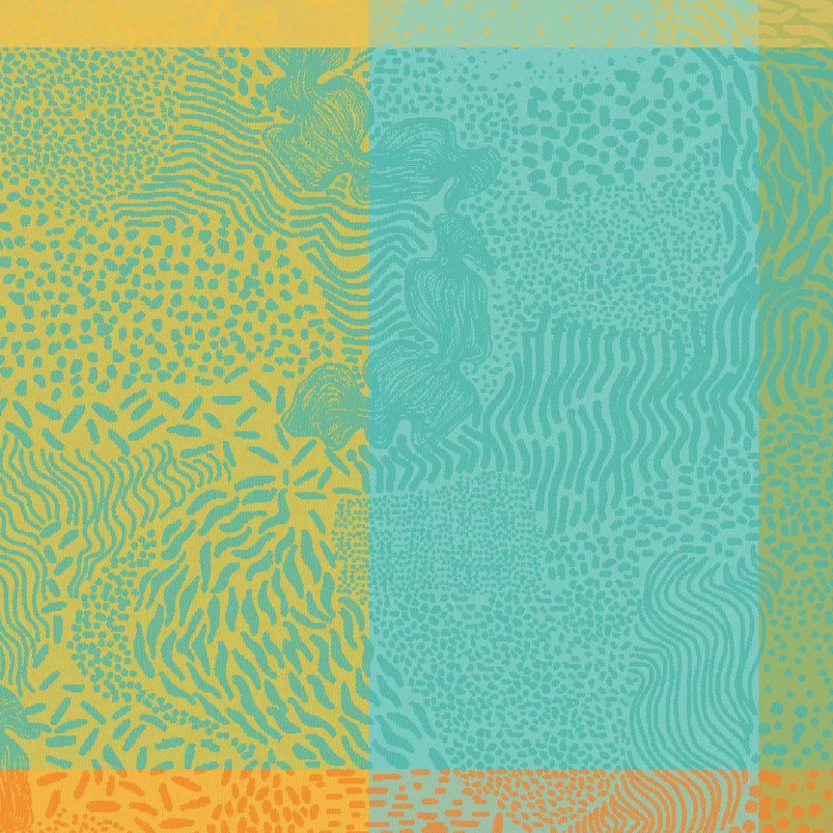 Serviette pur coton motif jacquard bleu jaune orange Mille vagues exotique