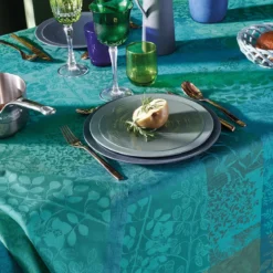 Serviette pur coton motif jacquard vert Mille rameaux emeraude