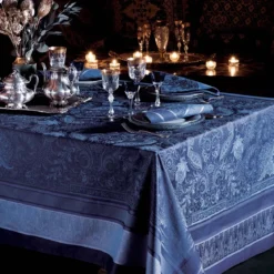 Set coton mélangé antitache motif jacquard bleu Persina crepuscule