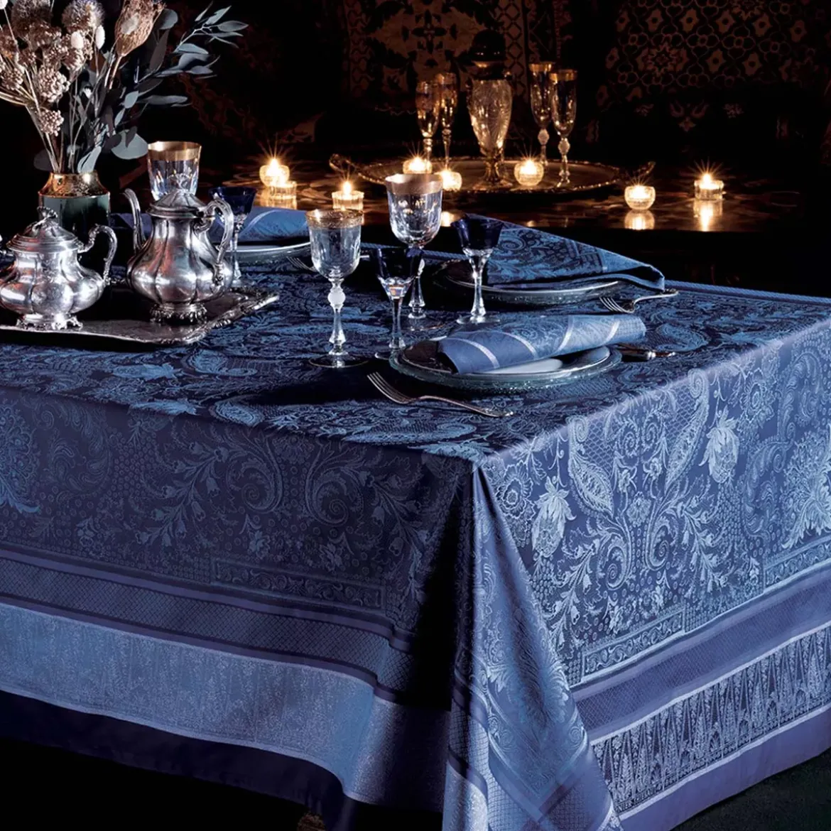 Set coton mélangé antitache motif jacquard bleu Persina crepuscule