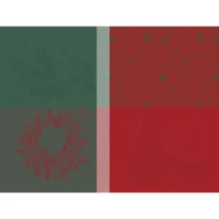 Set pur coton antitache 220 g/m² motif jacquard vert rouge Noel magique houx