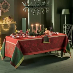 Set pur coton antitache motif jacquard rouge vert Noel fruite rouge