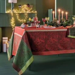 Set pur coton antitache motif jacquard rouge vert Noel fruite rouge