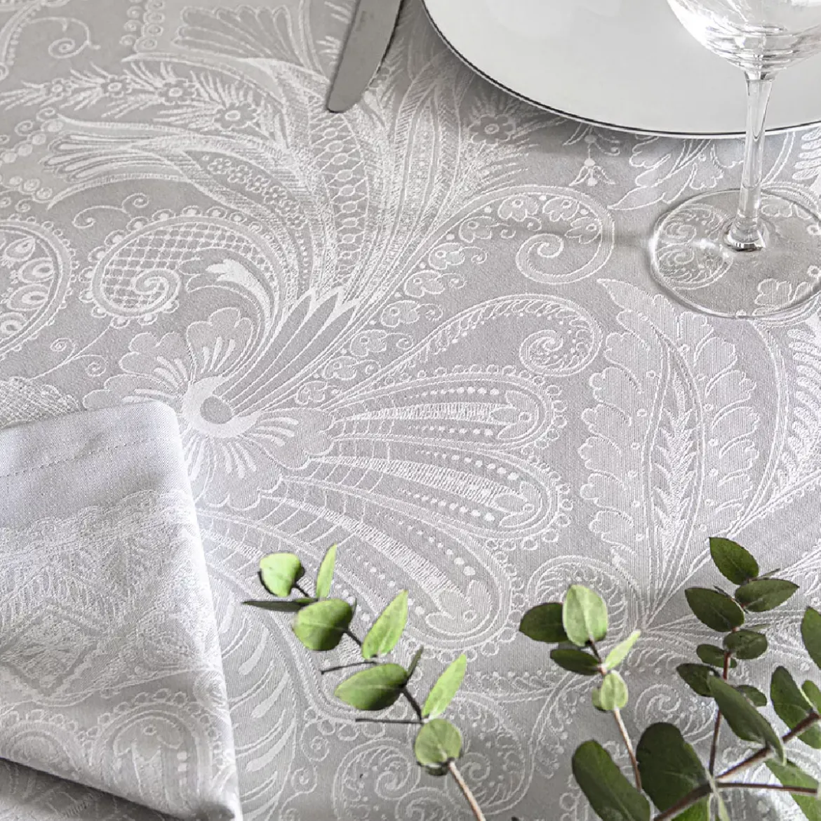 Set pur coton antitache motif jacquard gris Grace perle