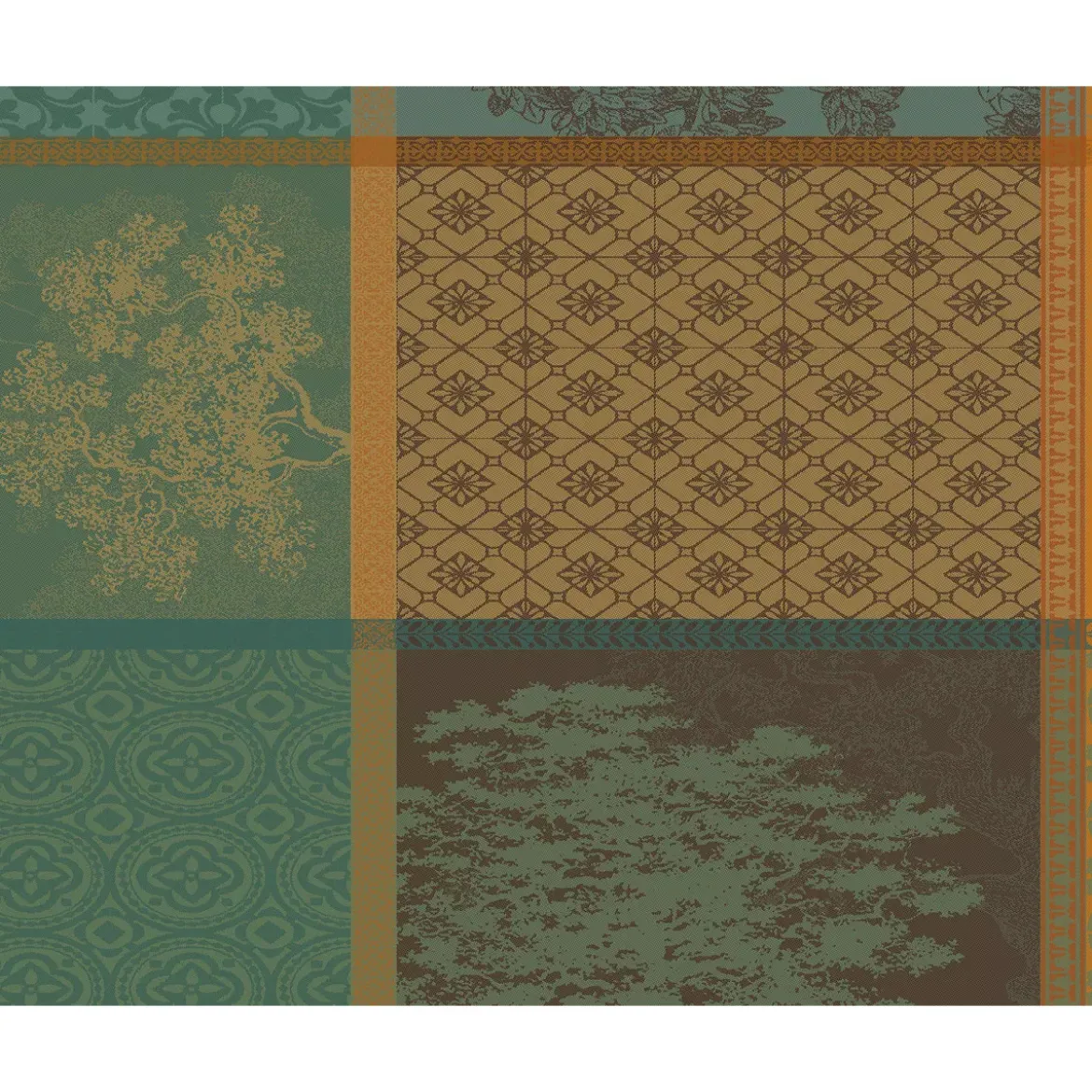 Set pur coton enduit 220 g/m² motif jacquard vert brun Mille trees foret