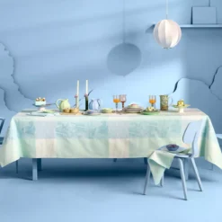Set pur coton enduit 220 g/m² motif jacquard bleu beige Mille iris d'eau aqua