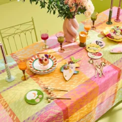 Set pur coton enduit 220 g/m² motif jacquard rose vert Mille sources berlingot