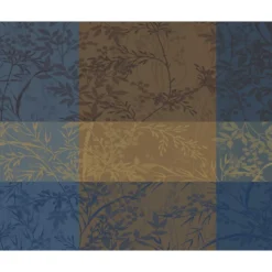 Set pur coton enduit 220 g/m² motif jacquard bleu brun Mille branchages crepuscule