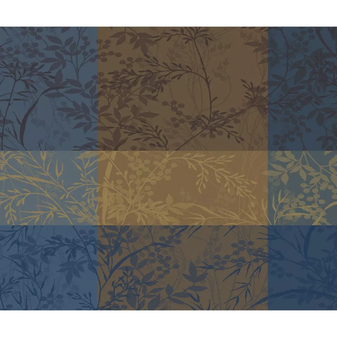 Set pur coton enduit 220 g/m² motif jacquard bleu brun Mille branchages crepuscule