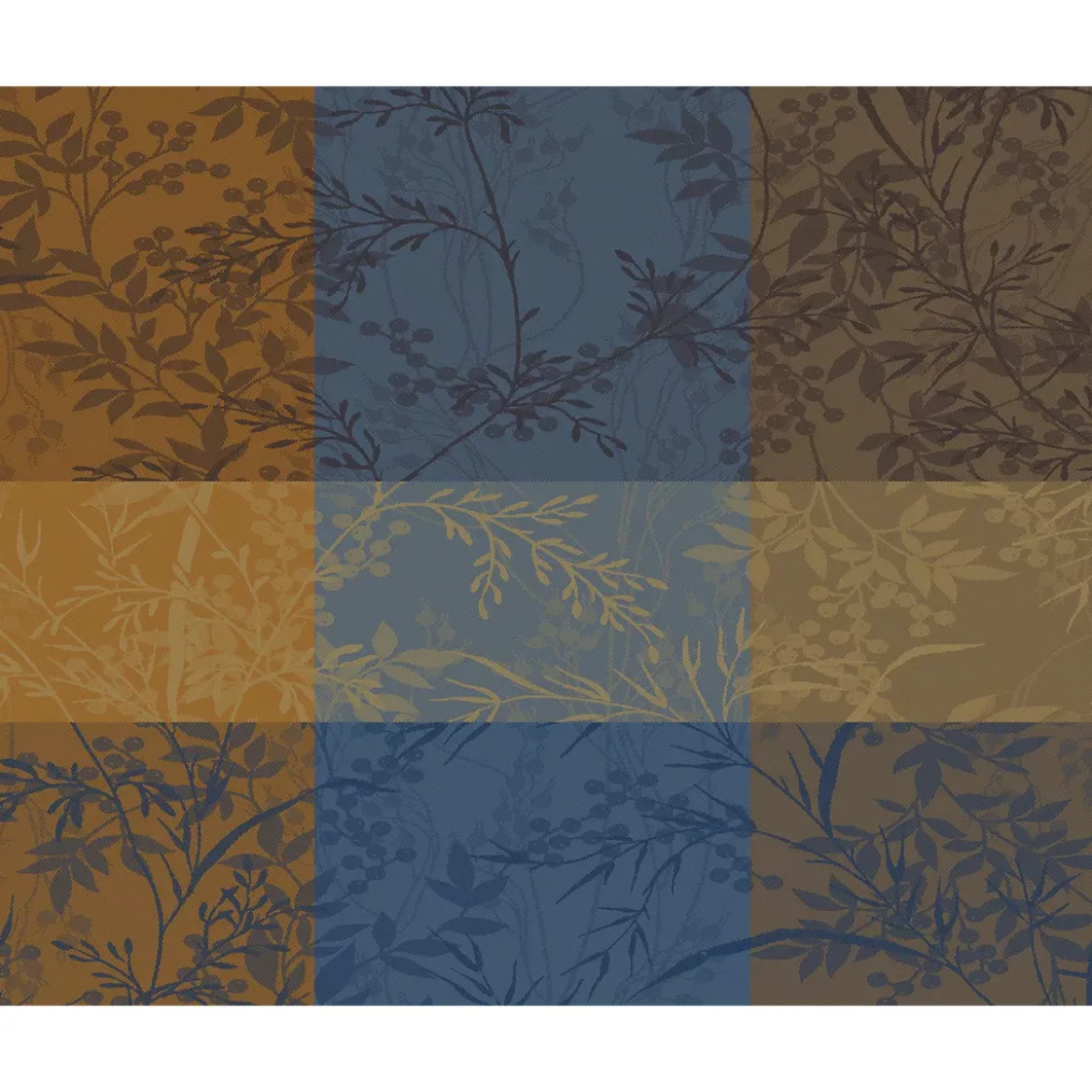 Set pur coton enduit 220 g/m² motif jacquard bleu brun Mille branchages crepuscule